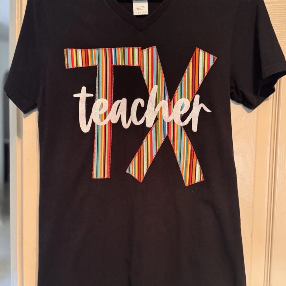 Texas Teacher V-Neck T-Shirt Womens Small Claire Lynn Designs Short Sleeve Black